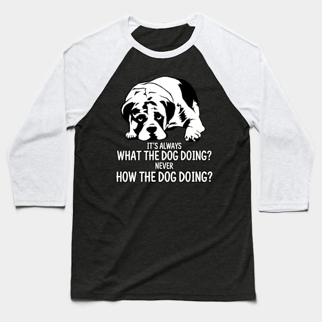 What The Dog Doing? Baseball T-Shirt by TextTees